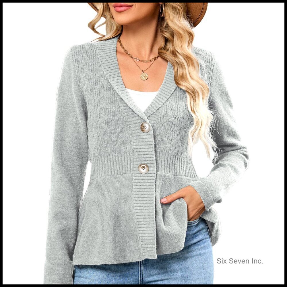 Peplum Cardigan Button Down Knit Long Sleeve Open Front Textured Crochet Shawl